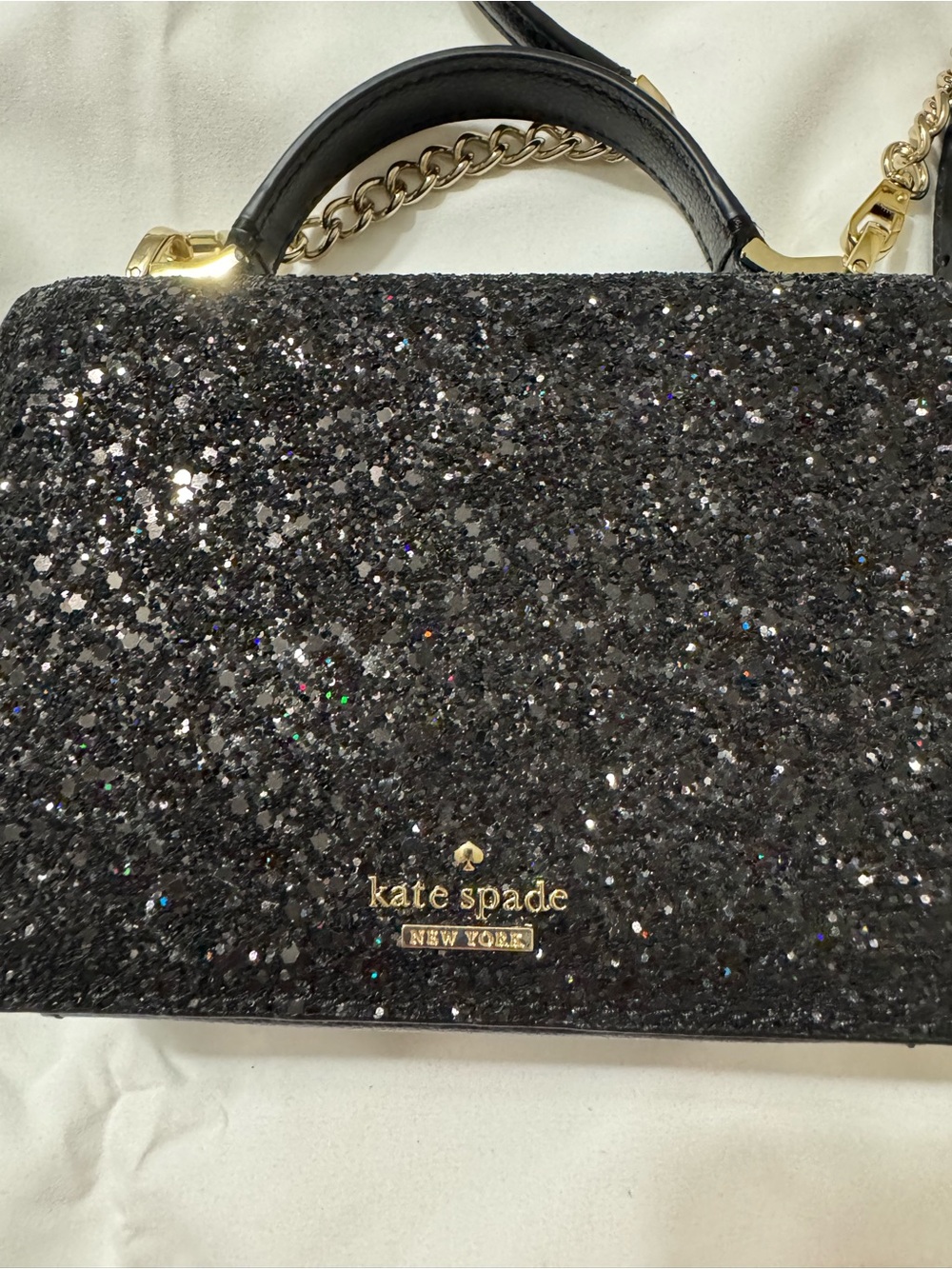 Kate Spade New York Black Glitter Crossbody Satchel Bag Gold Chain Strap
